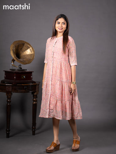 Chiffon readymade dress peach pink with allover floral prints & simple collar neck design without pant