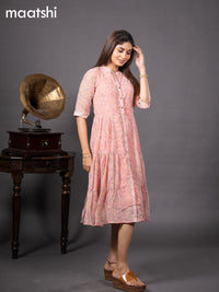 Chiffon readymade dress peach pink with allover floral prints & simple collar neck design without pant