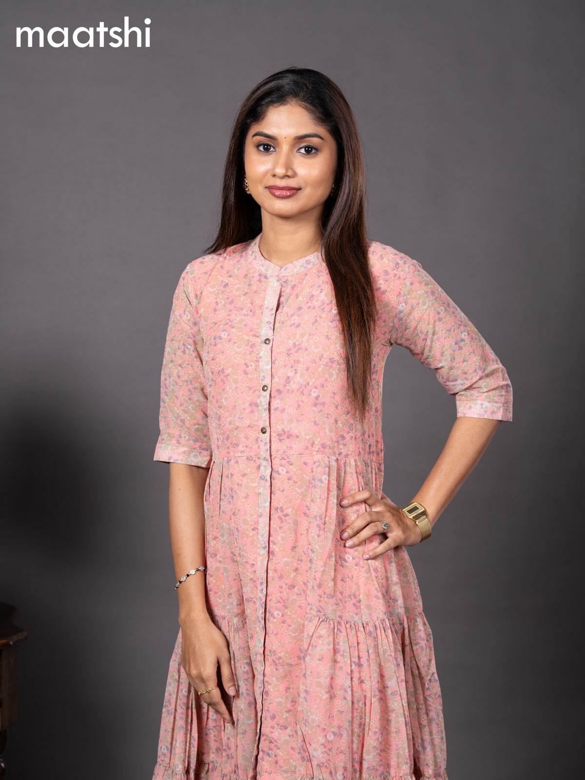 Chiffon readymade dress peach pink with allover floral prints & simple collar neck design without pant