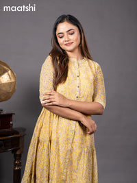 Chiffon readymade dress yellow with allover floral prints & simple collar neck design without pant