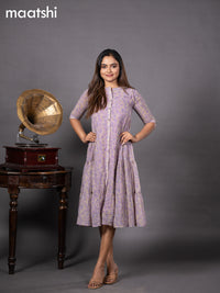 Chiffon readymade dress lavender with allover floral prints & simple collar neck design without pant