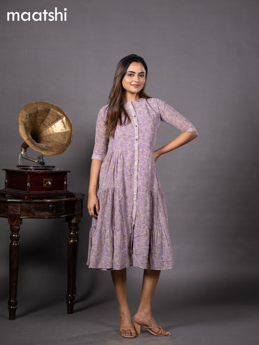 Chiffon readymade dress lavender with allover floral prints & simple collar neck design without pant