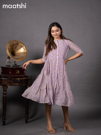 Chiffon readymade dress lavender with allover floral prints & simple collar neck design without pant