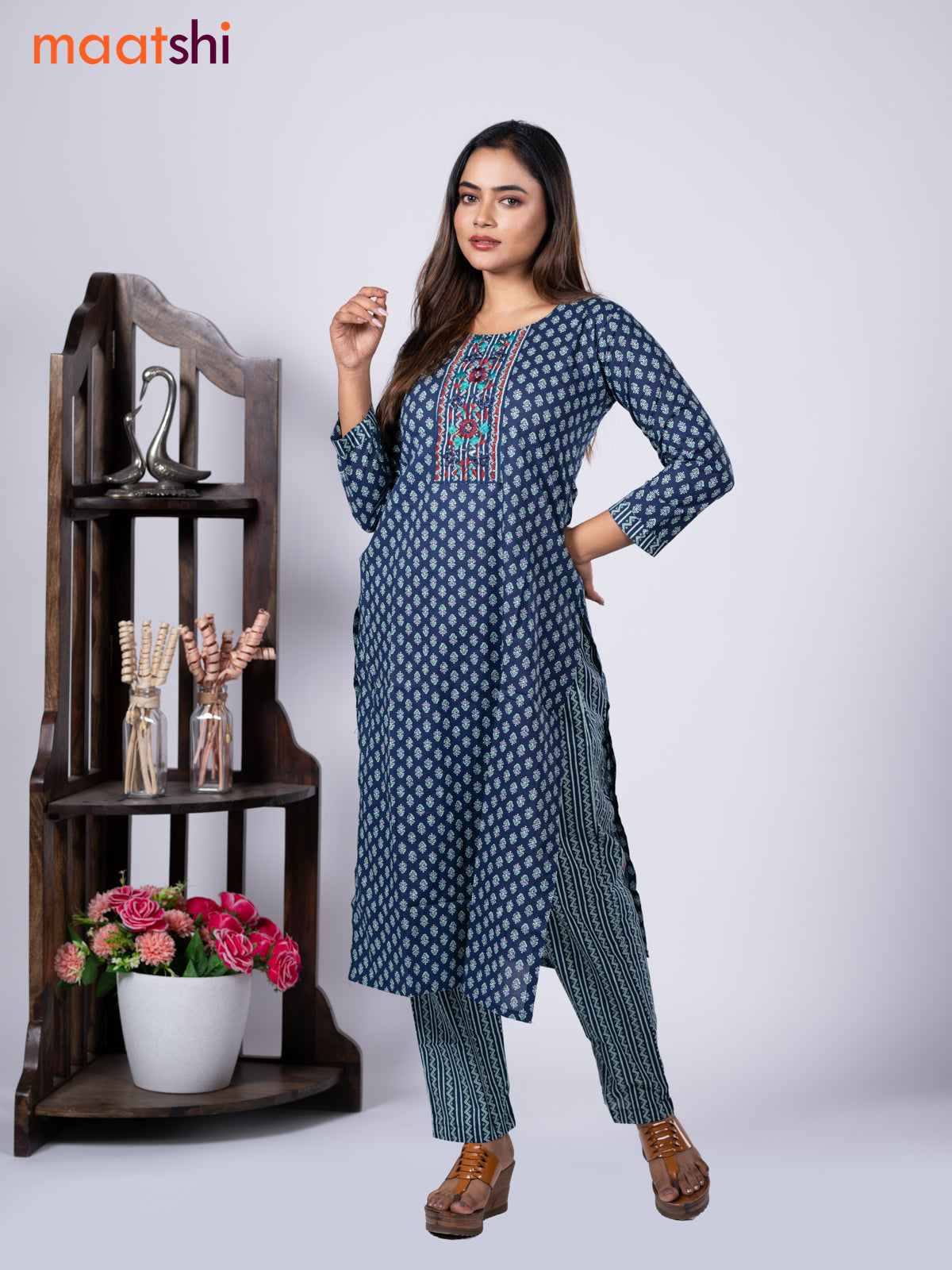 Cotton readymade kurti set blue and teal blue maroon with allover buttas prints & embroidery mirror work neck pattern and straight cut pant