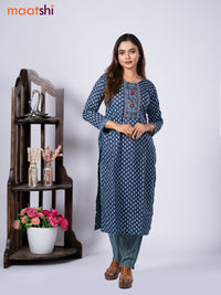 Cotton readymade kurti set blue and teal blue maroon with allover buttas prints & embroidery mirror work neck pattern and straight cut pant