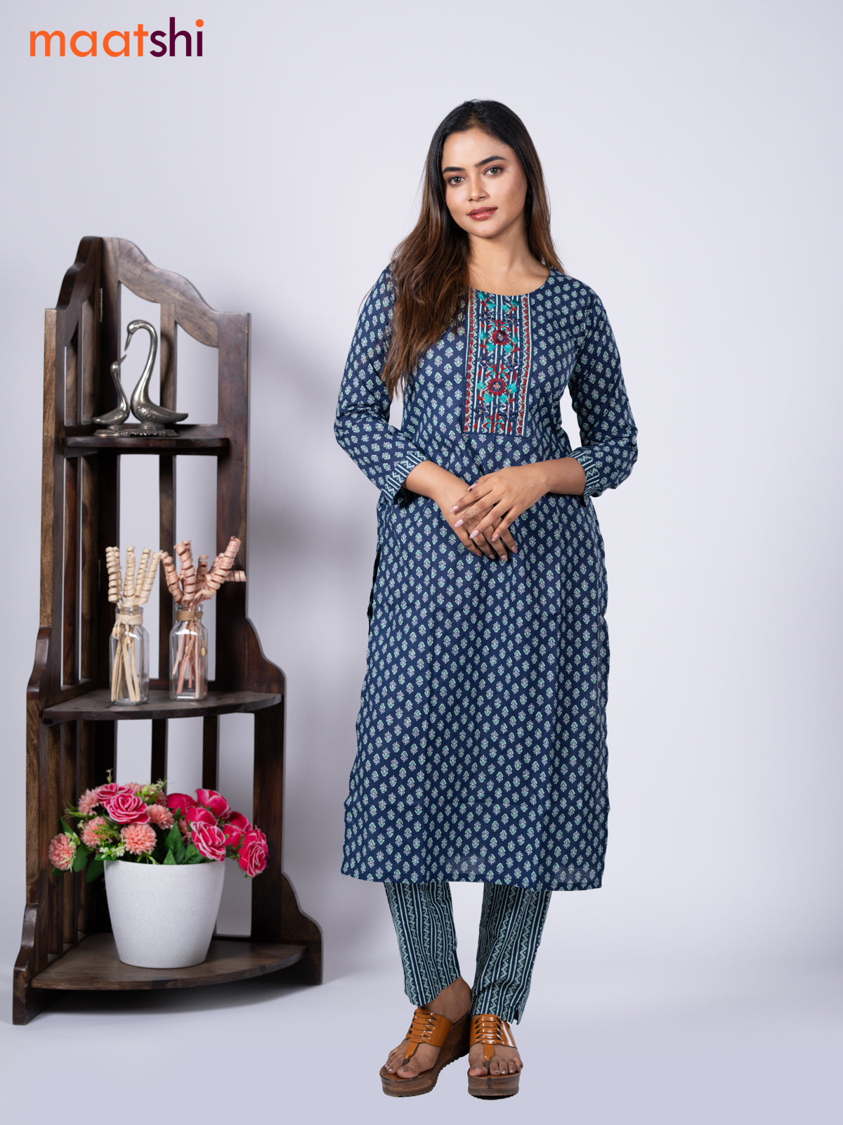 Cotton readymade kurti set blue and teal blue maroon with allover buttas prints & embroidery mirror work neck pattern and straight cut pant