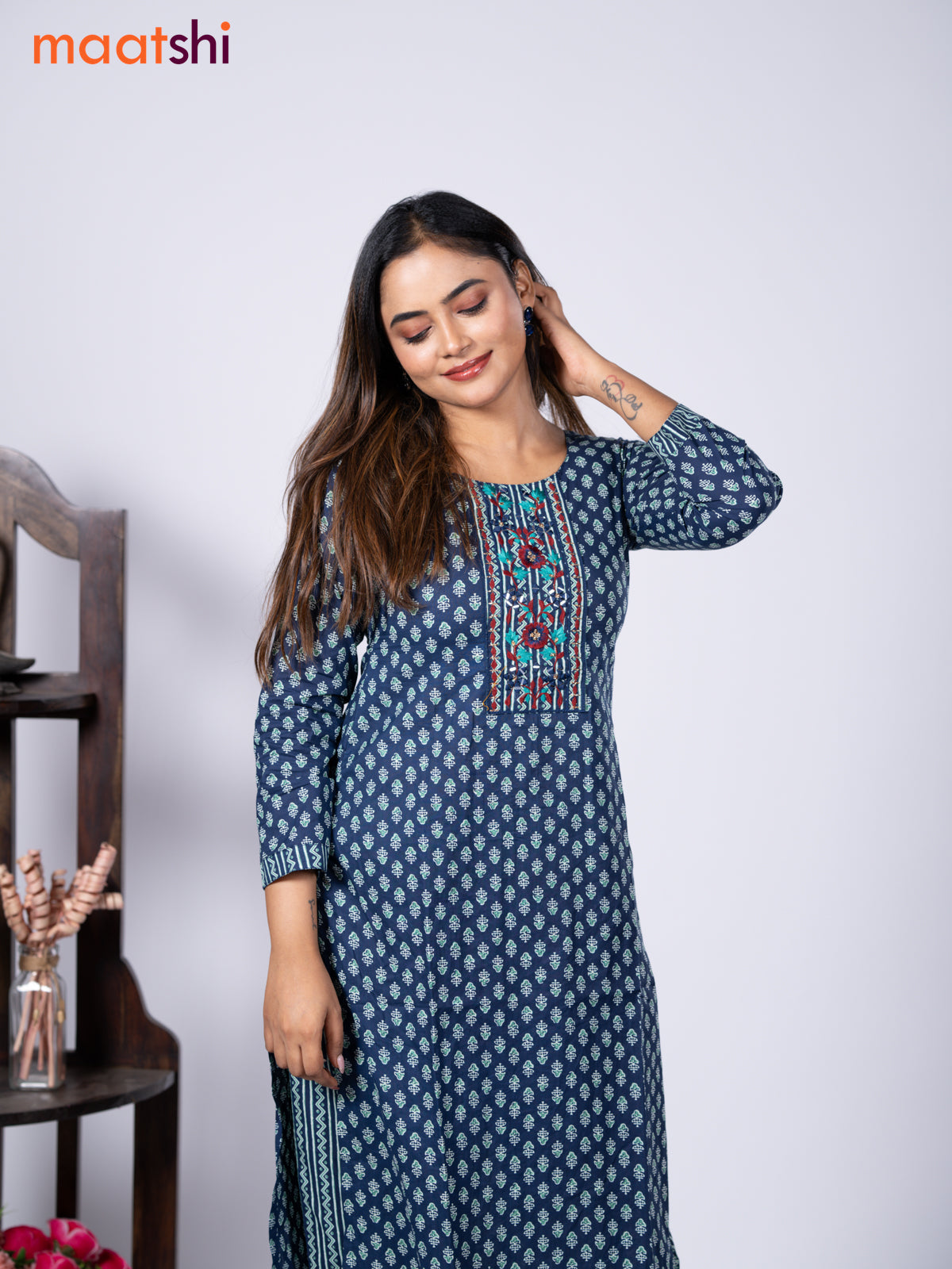 Cotton readymade kurti set blue and teal blue maroon with allover buttas prints & embroidery mirror work neck pattern and straight cut pant