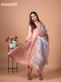 Tissue anarkali salwar suit pastel peach with allover ikat buttas & simple neck pattern and straight cut pant & floral prints tissue dupatta