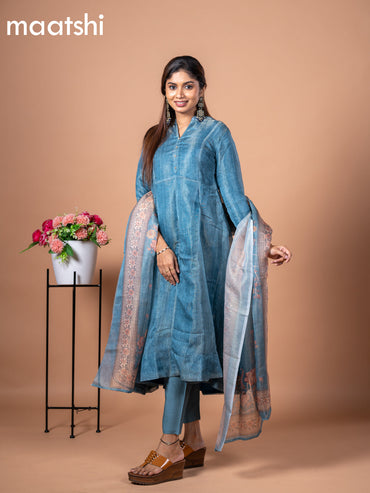 Tissue anarkali salwar suit peacock blue with allover prints & simple neck pattern and straight cut pant & floral prints tissue dupatta