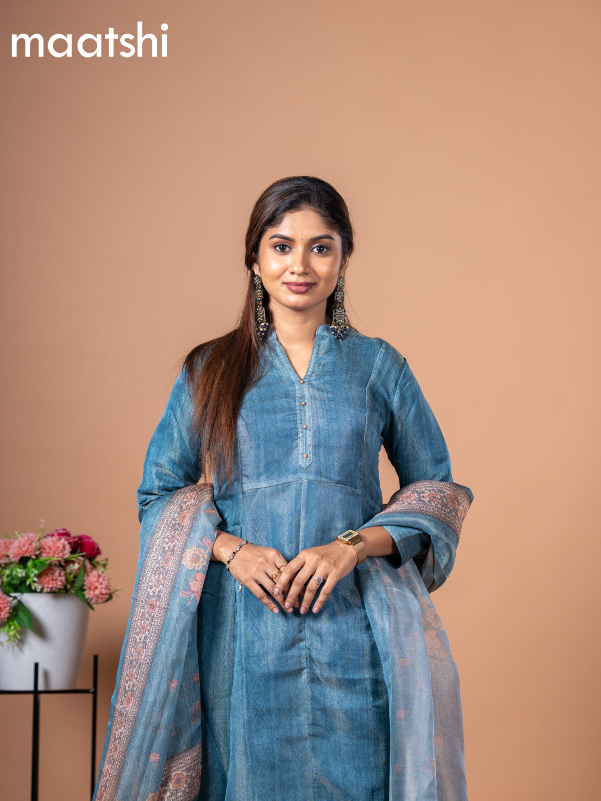 Tissue anarkali salwar suit peacock blue with allover prints & simple neck pattern and straight cut pant & floral prints tissue dupatta