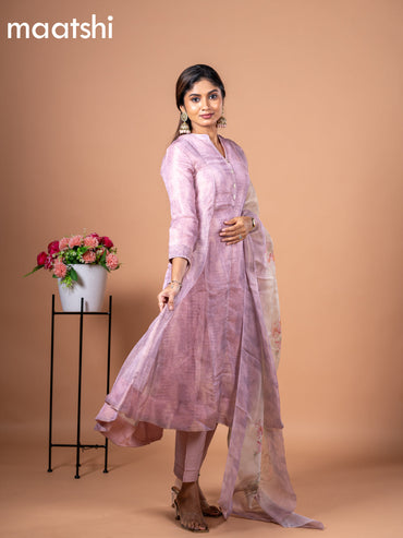 Tissue anarkali salwar suit pastel pink with allover ikat buttas & simple neck pattern and straight cut pant & floral prints tissue dupatta