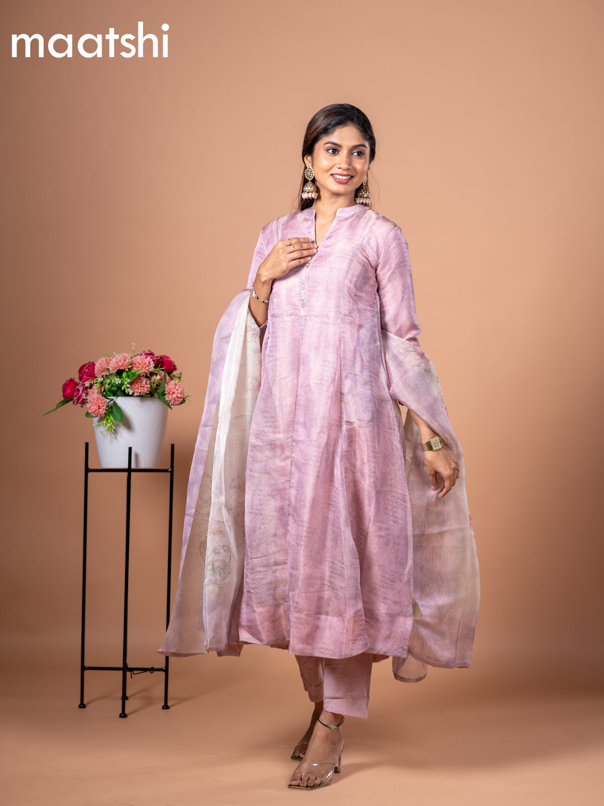 Tissue anarkali salwar suit pastel pink with allover ikat buttas & simple neck pattern and straight cut pant & floral prints tissue dupatta