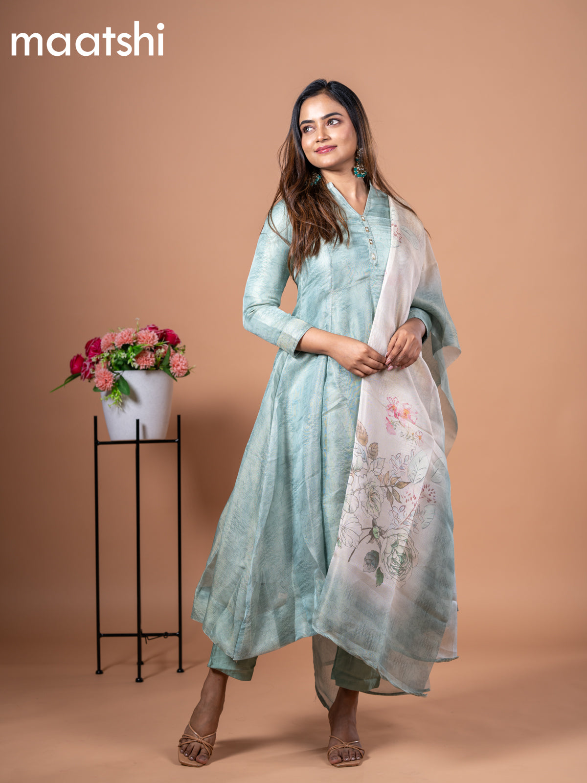 Tissue anarkali salwar suit pastel green with allover prints & simple neck pattern and straight cut pant & floral prints tissue dupatta