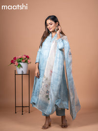 Tissue anarkali salwar suit pastel blue with allover prints & simple neck pattern and straight cut pant & floral prints tissue dupatta