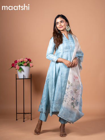 Tissue anarkali salwar suit pastel blue with allover prints & simple neck pattern and straight cut pant & floral prints tissue dupatta