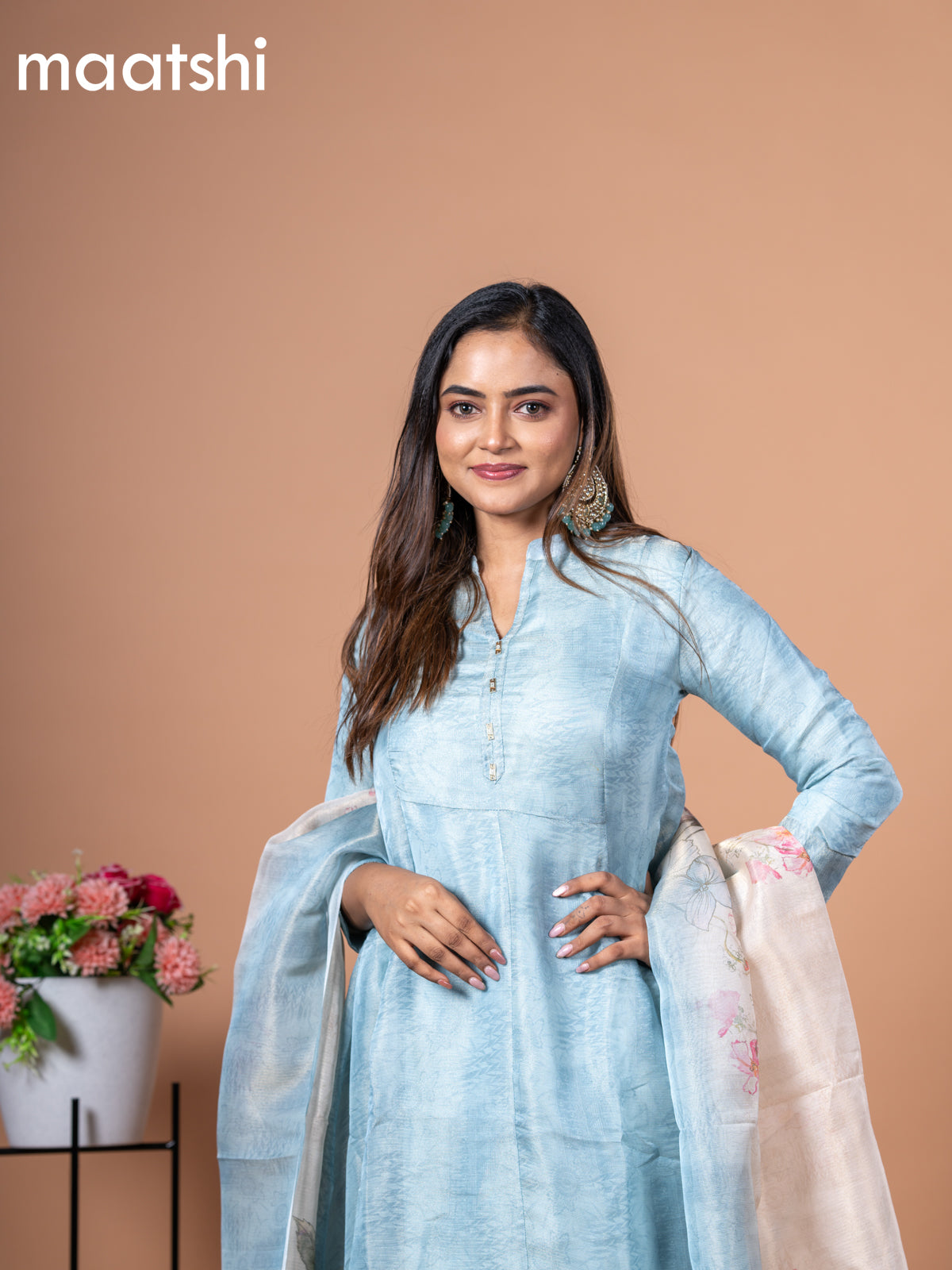 Tissue anarkali salwar suit pastel blue with allover prints & simple neck pattern and straight cut pant & floral prints tissue dupatta