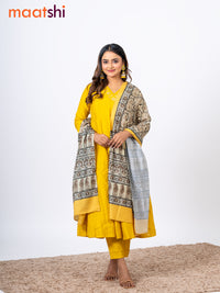 Raw silk readymade anarkali salwar suit mustard yellow with embroidery lace work v neck pattern and straight cut pant & ajrakh printed dupatta