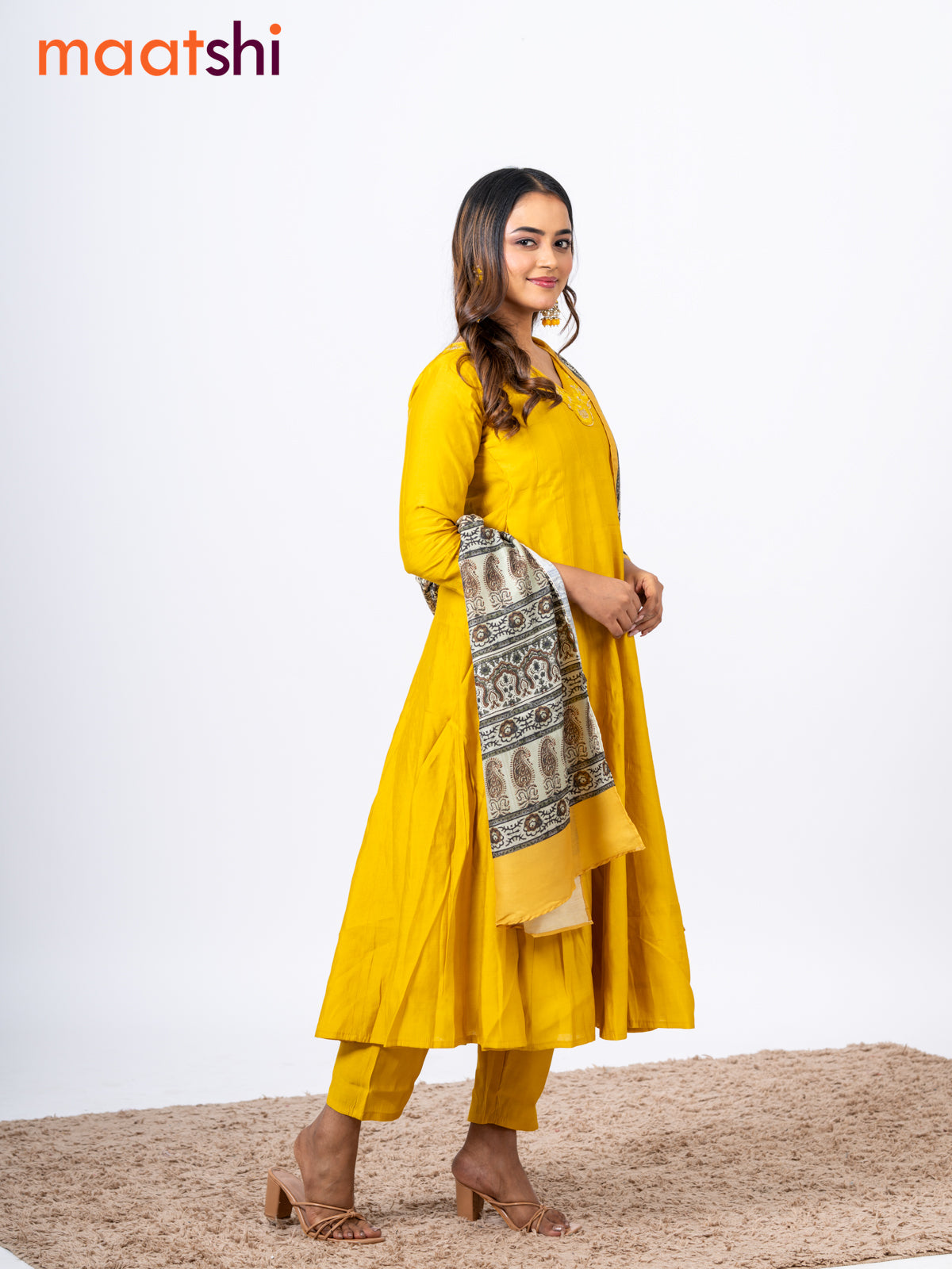 Raw silk readymade anarkali salwar suit mustard yellow with embroidery lace work v neck pattern and straight cut pant & ajrakh printed dupatta