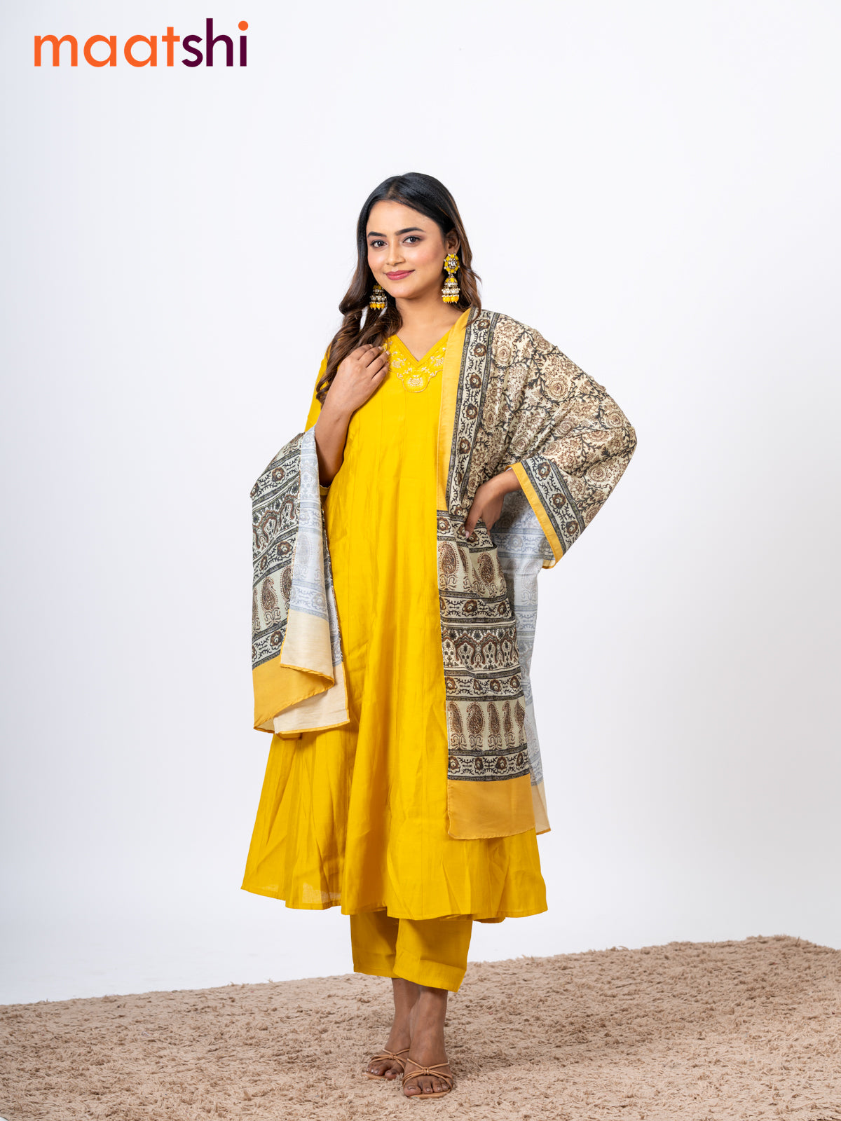 Raw silk readymade anarkali salwar suit mustard yellow with embroidery lace work v neck pattern and straight cut pant & ajrakh printed dupatta