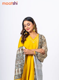 Raw silk readymade anarkali salwar suit mustard yellow with embroidery lace work v neck pattern and straight cut pant & ajrakh printed dupatta