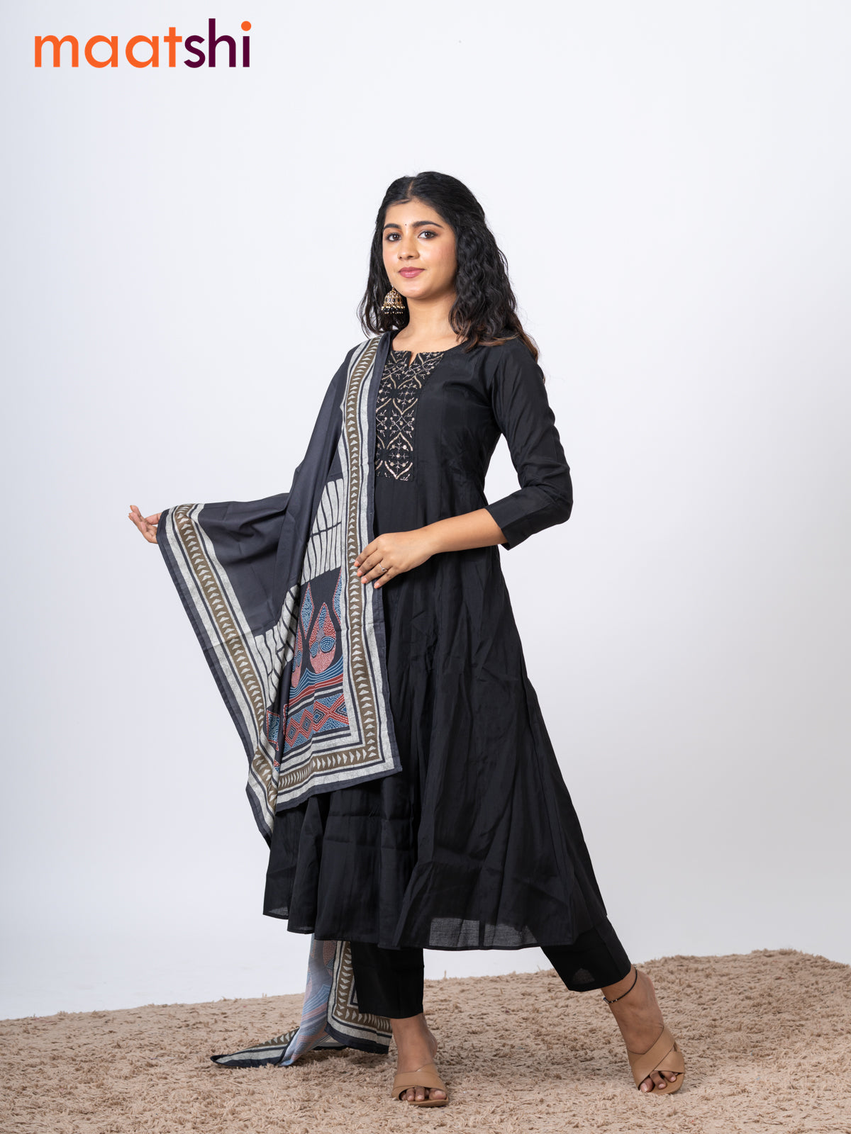 Raw silk readymade anarkali salwar suit black with embroidery work neck pattern and straight cut pant & printed dupatta