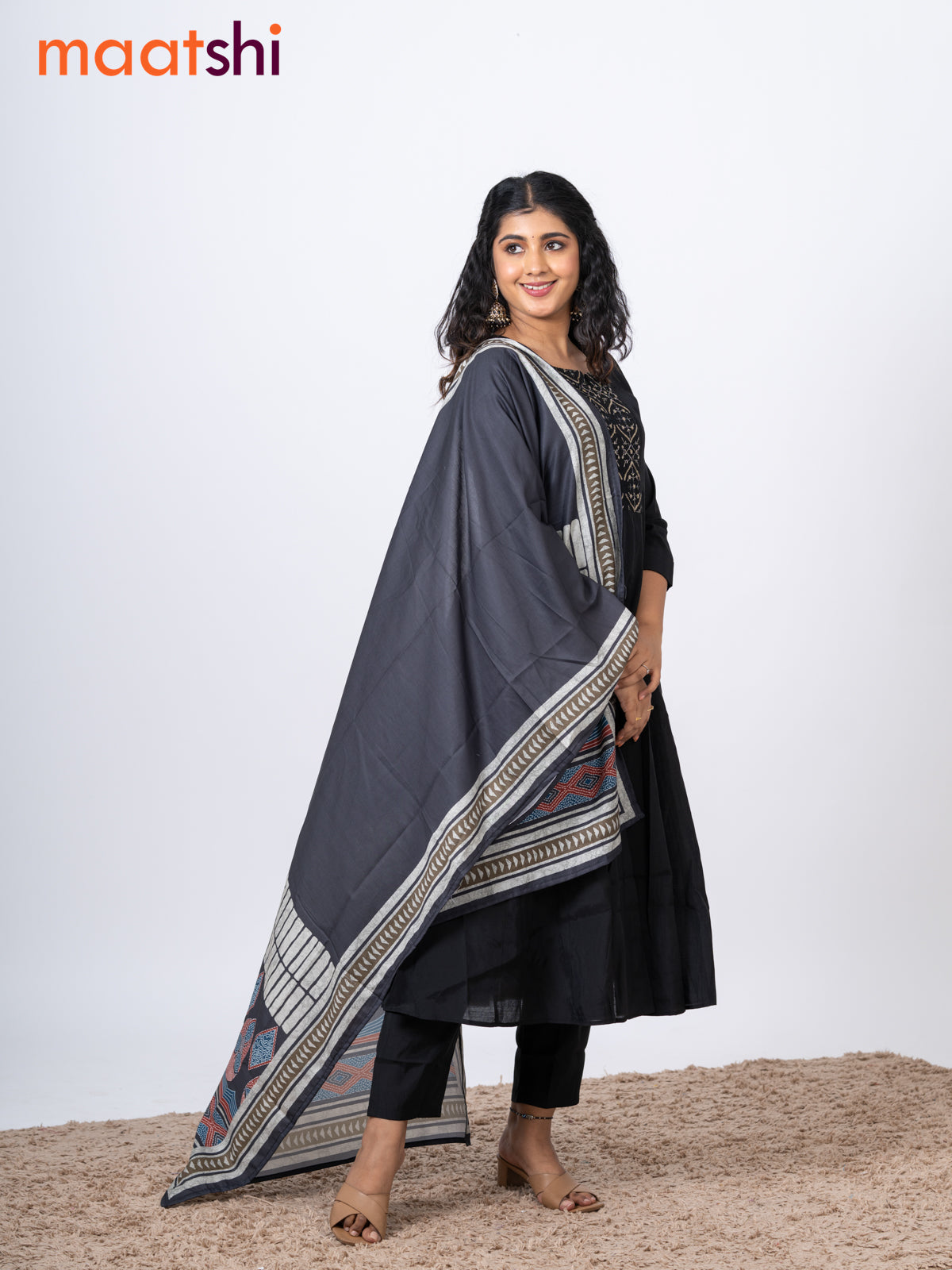 Raw silk readymade anarkali salwar suit black with embroidery work neck pattern and straight cut pant & printed dupatta