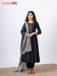 Raw silk readymade anarkali salwar suit black with embroidery work neck pattern and straight cut pant & printed dupatta