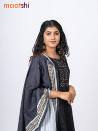 Raw silk readymade anarkali salwar suit black with embroidery work neck pattern and straight cut pant & printed dupatta