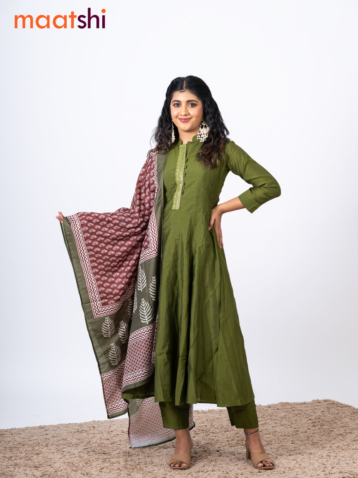 Raw silk readymade anarkali salwar suit mehendi green with embroidery sequin work neck pattern and straight cut pant & printed dupatta