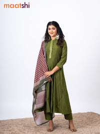 Raw silk readymade anarkali salwar suit mehendi green with embroidery sequin work neck pattern and straight cut pant & printed dupatta