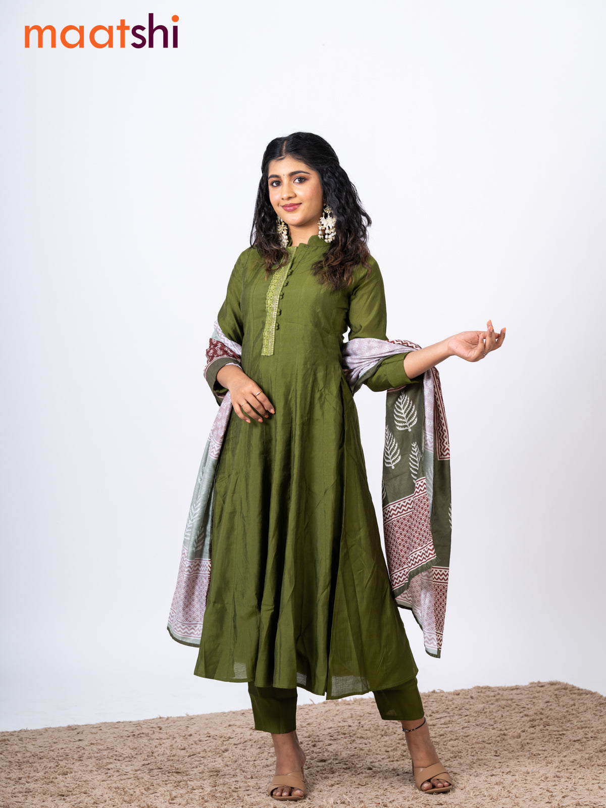 Raw silk readymade anarkali salwar suit mehendi green with embroidery sequin work neck pattern and straight cut pant & printed dupatta