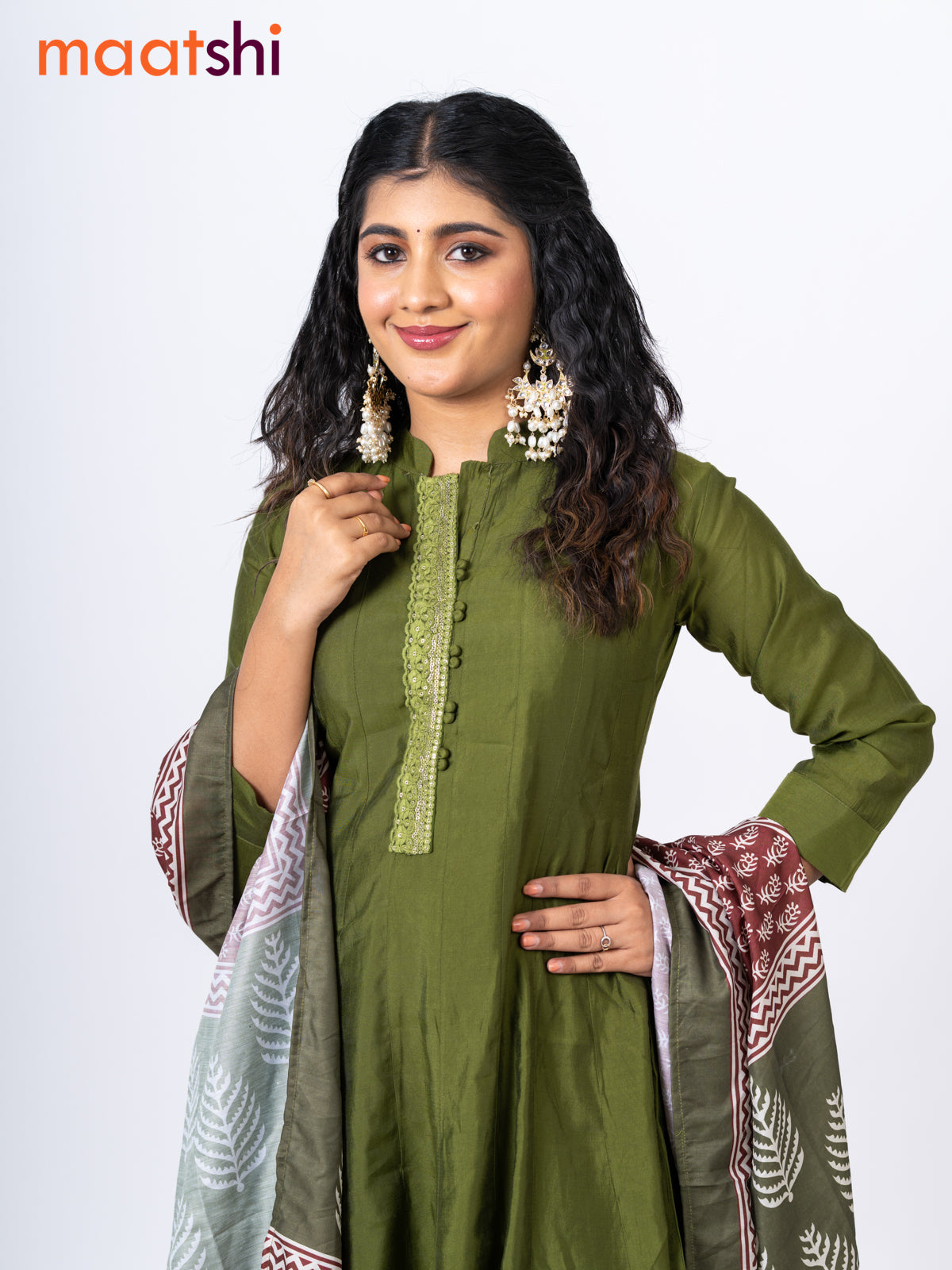 Raw silk readymade anarkali salwar suit mehendi green with embroidery sequin work neck pattern and straight cut pant & printed dupatta