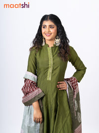 Raw silk readymade anarkali salwar suit mehendi green with embroidery sequin work neck pattern and straight cut pant & printed dupatta