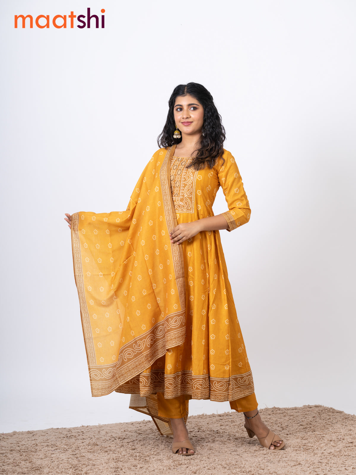 Muslin readymade anarkali salwar suits mustard yellow with allover bandhani prints & beaded work neck pattern and straight cut pant & kalamkari printed dupatta