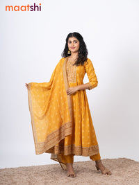 Muslin readymade anarkali salwar suits mustard yellow with allover bandhani prints & beaded work neck pattern and straight cut pant & kalamkari printed dupatta