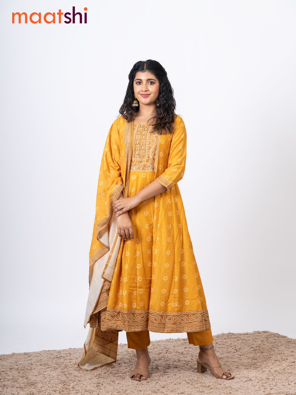 Muslin readymade anarkali salwar suits mustard yellow with allover bandhani prints & beaded work neck pattern and straight cut pant & kalamkari printed dupatta