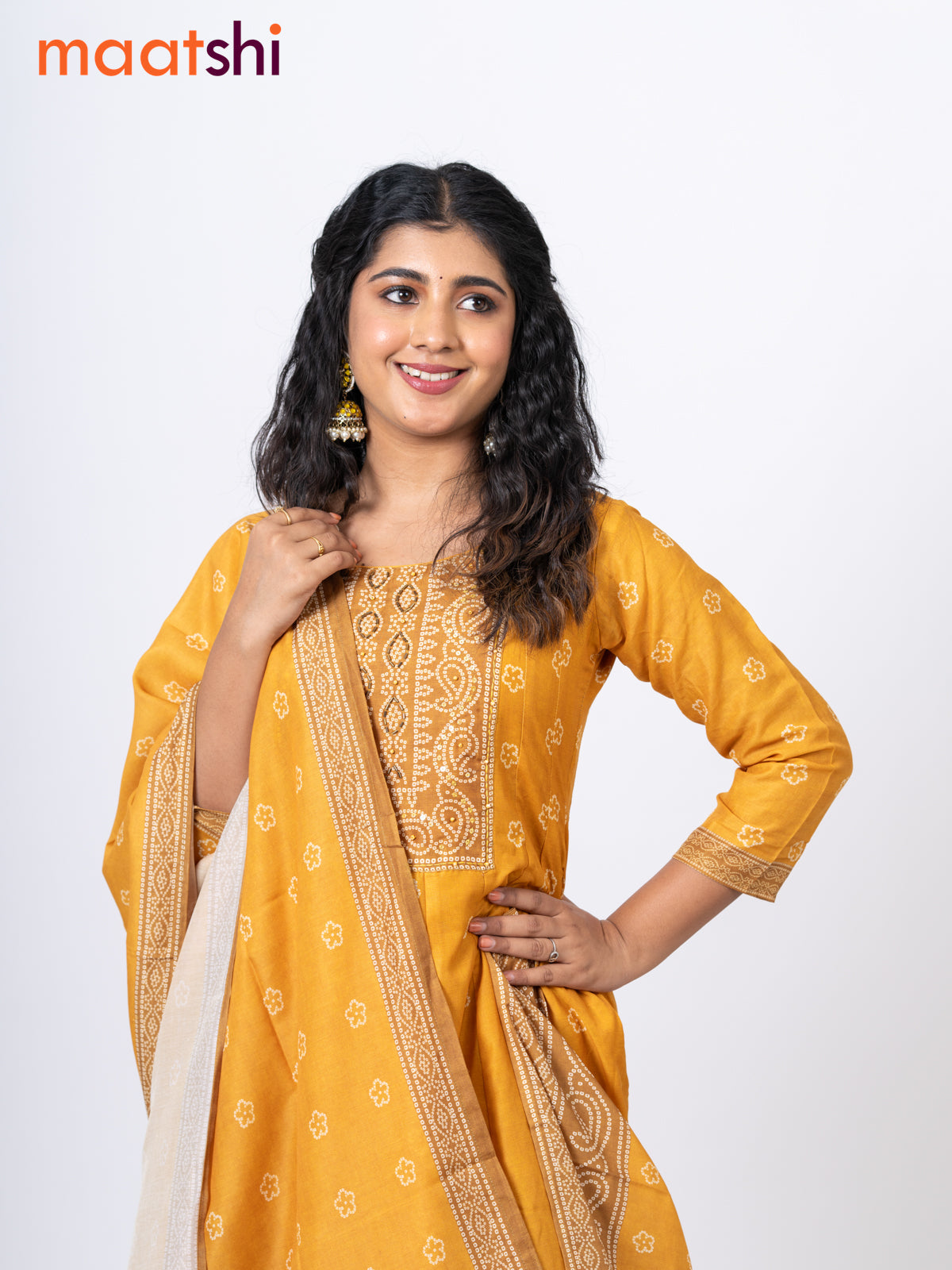 Muslin readymade anarkali salwar suits mustard yellow with allover bandhani prints & beaded work neck pattern and straight cut pant & kalamkari printed dupatta