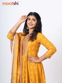 Muslin readymade anarkali salwar suits mustard yellow with allover bandhani prints & beaded work neck pattern and straight cut pant & kalamkari printed dupatta