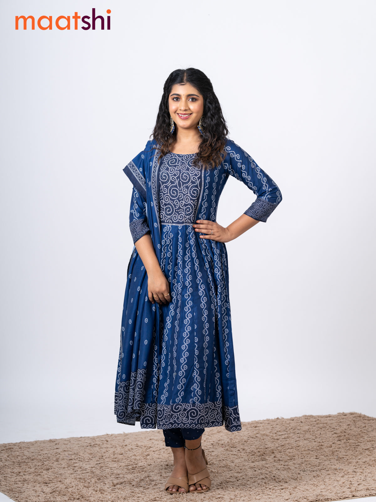 Muslin readymade anarkali salwar suits dark blue with allover bandhani prints & beaded work neck pattern and straight cut pant & kalamkari printed dupatta