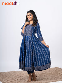 Muslin readymade anarkali salwar suits dark blue with allover bandhani prints & beaded work neck pattern and straight cut pant & kalamkari printed dupatta