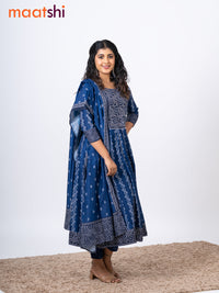 Muslin readymade anarkali salwar suits dark blue with allover bandhani prints & beaded work neck pattern and straight cut pant & kalamkari printed dupatta