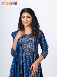 Muslin readymade anarkali salwar suits dark blue with allover bandhani prints & beaded work neck pattern and straight cut pant & kalamkari printed dupatta