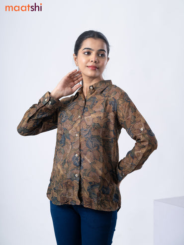 Women's shirt pastel brown shade with allover floral prints and collar neck pattern