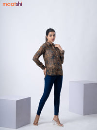 Women's shirt pastel brown shade with allover floral prints and collar neck pattern