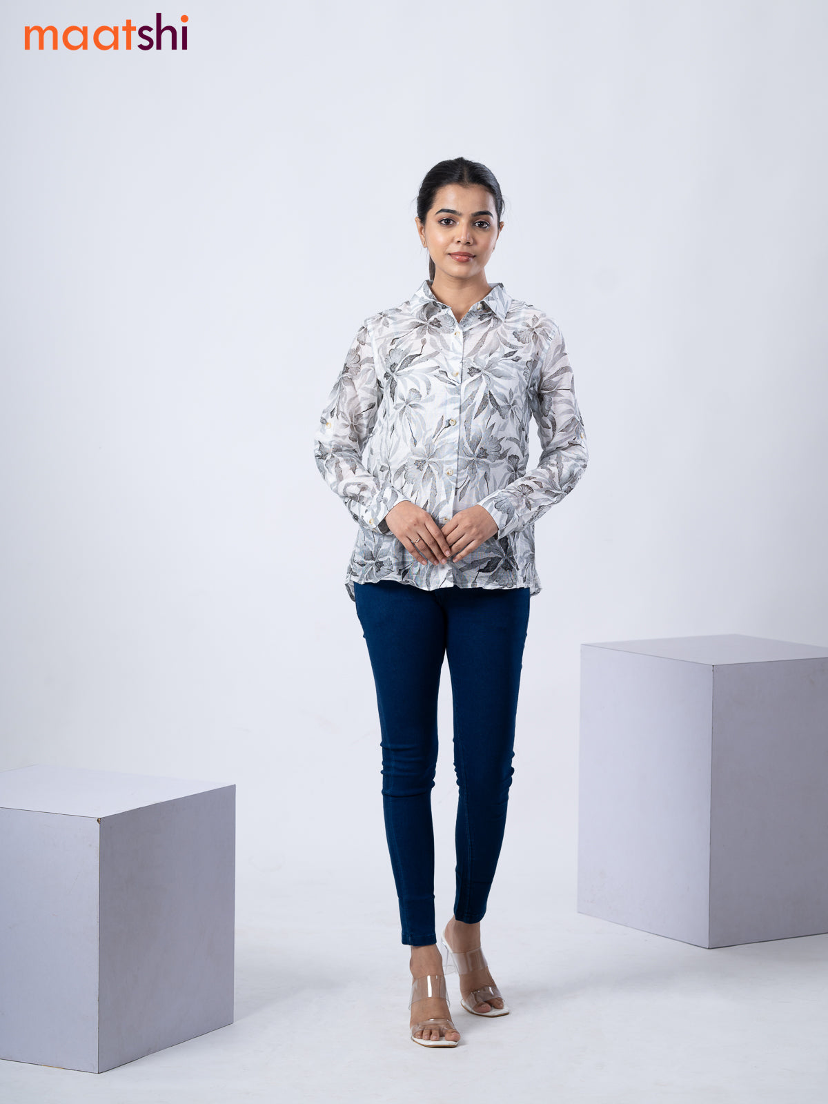 Women's shirt off white and grey with allover floral prints and collar neck pattern