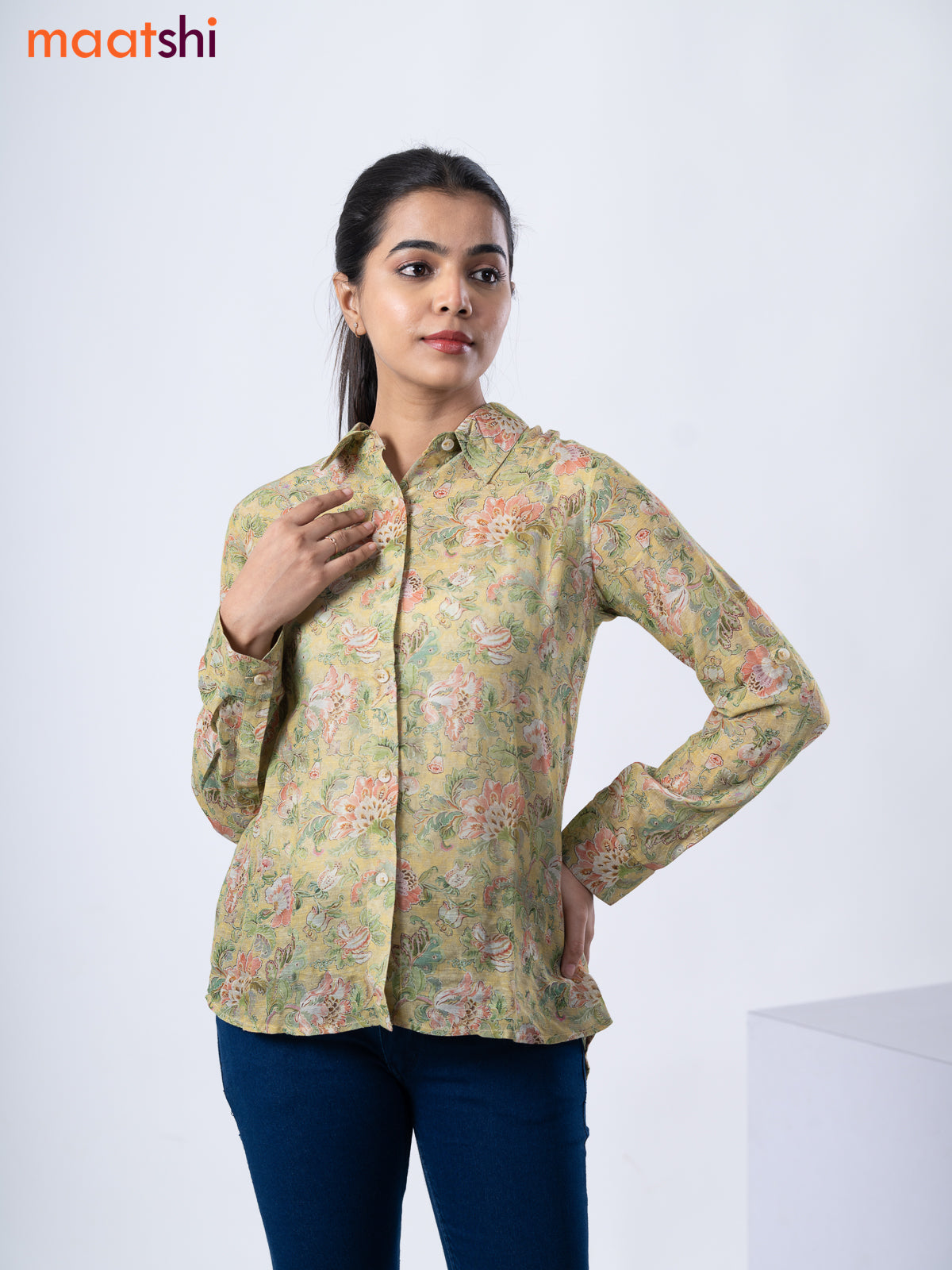 Women's shirt lime green with allover floral prints and collar neck pattern