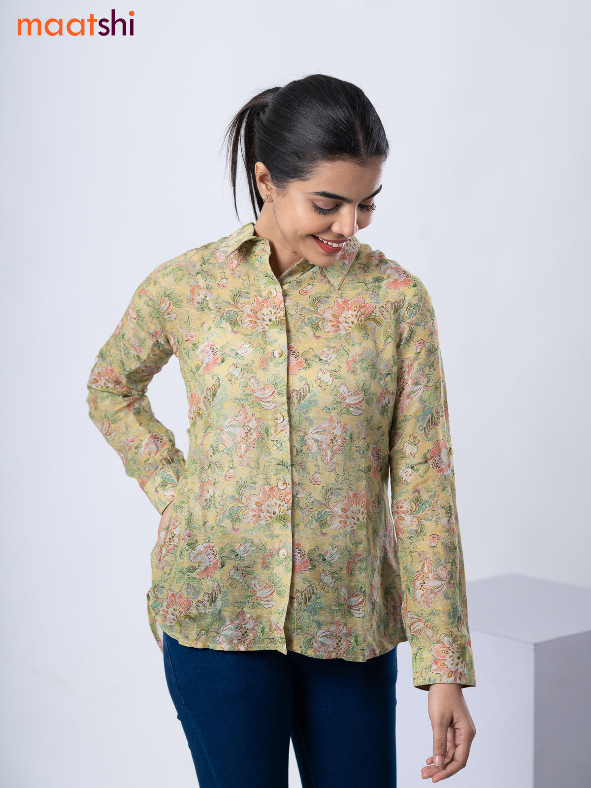 Women's shirt lime green with allover floral prints and collar neck pattern