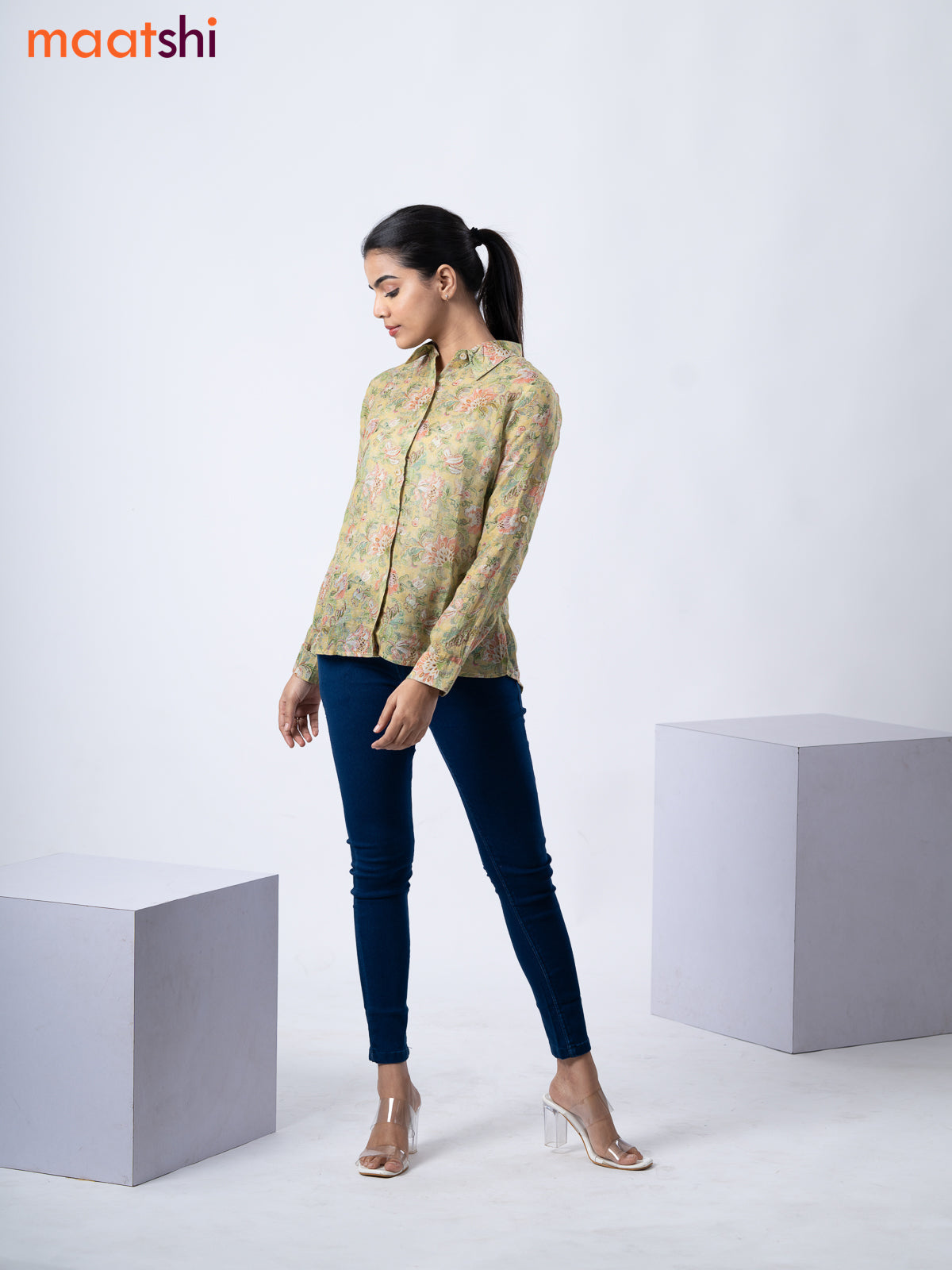 Women's shirt lime green with allover floral prints and collar neck pattern