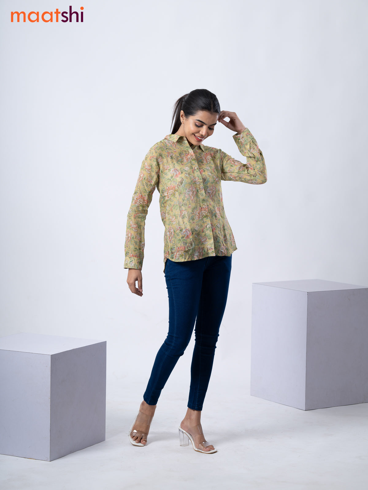 Women's shirt lime green with allover floral prints and collar neck pattern