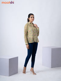 Women's shirt lime green with allover floral prints and collar neck pattern